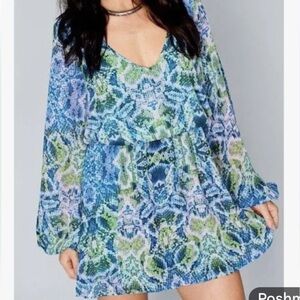 Show Me Your MuMu Rainey Mini long sleeve large dress in blue green snake
